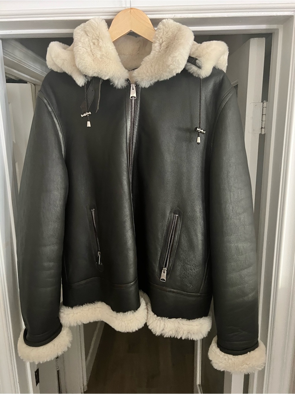Stefano Black Leather Cream Sheep Shearling-Lined Zip Jacket
